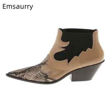 

Patchwork Boots Women Serpentine Point Toe Chunky Square Heel Ankle Bottes 2020 Fall Winter Botines Fashion Boots Woman 34-43