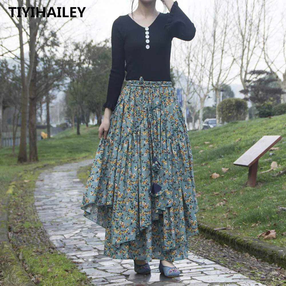 TIYIHAILEY Free Shipping 2021 New Long Maxi A-line Elastic Waist Women Cotton Linen Print Flower High Quality Green Skirts S-2XL