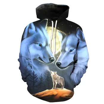 

CNUUIKOOEK Sweatshirts Men's 3D Moonlight Snow Wolf Printed Hooded Pocket Pullover Hoody Fashion Hooded Men's Hoodies