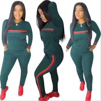 

BJYL Ladies Fashion Casual 2 Piece Set Woman Tops Sweatshirt Long Pants Pockets Club Suits Overalls Outfits Stripe Tracksuits
