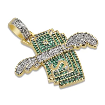

Hot Selling Green CZ Cubic Zirconia Pave Bling Ice Out Flying Dollar Money Pendants Necklace for Men Rapper Hip Hop Jewelry Gift
