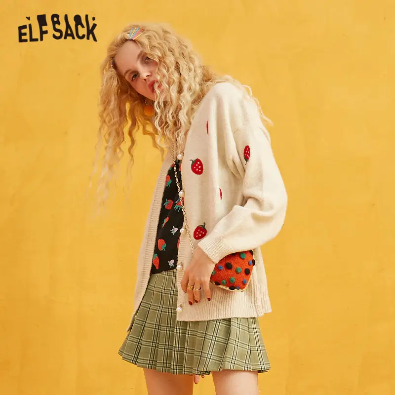 Online ELFSACK bordado fresa perla botón Casual Cardigan, mujeres 2019 otoño manga larga dorado seda dulce suéter coreano