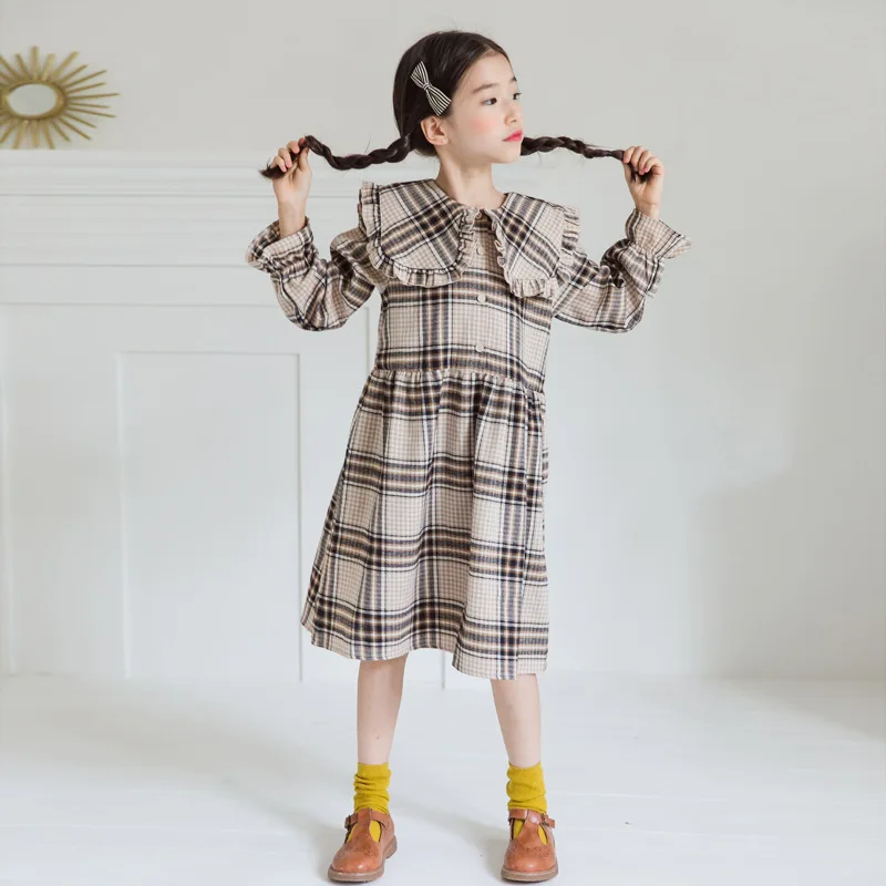 Платье для девочек осень-весна 2019 модная одежда в клетку с длинными рукавами