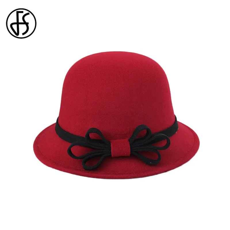 FS Элегантная Женская шляпка, винтажная одноцветная фетровая шляпа с бантом, Ретро стиль, повседневная Кепка с широкими полями, женская шляпа