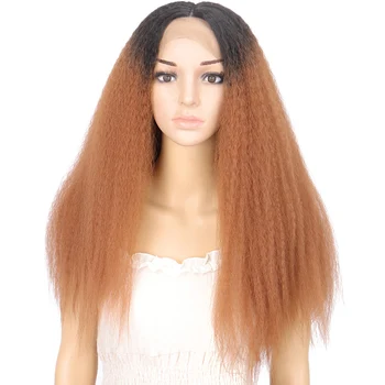 

Allaosify Golden Mixed Black Ombre Long Yaki Straight Synthetic Lace Front Wigs center part wig Heat Resistant Fiber