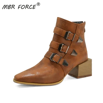 

MBR FORCE Women Leather Fashion Buckle decoration High Heels Shoes Winter Woman Short Boots Square Toe Ankle Boots Female Shoes
