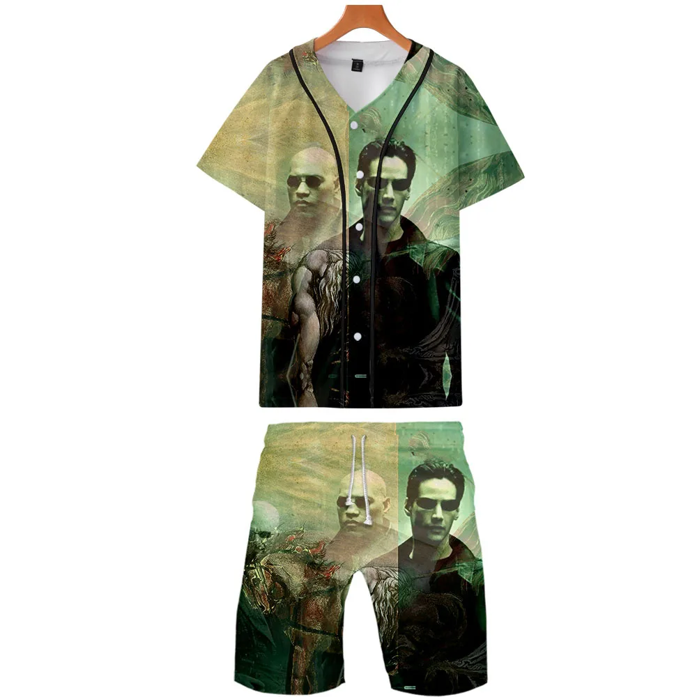 2019 New men Fashion Two Pieces Sets The Matrix print T Shirts+Shorts Suit  Summer Tops Tees Fashion Tshirt Quality men clothing
