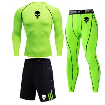 

New Solid color Men's Clothing 3-piece suit MMA Tactical underwear Gym Running suit Quick-drying tights Skull Muscle shirt 4xl