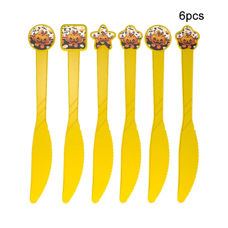 Halloween Candy Pumpkin Head Theme Creative Party Package Decoration Party Supplies Party Disposable Tableware Cup Plate - Цвет: knife-6pcs