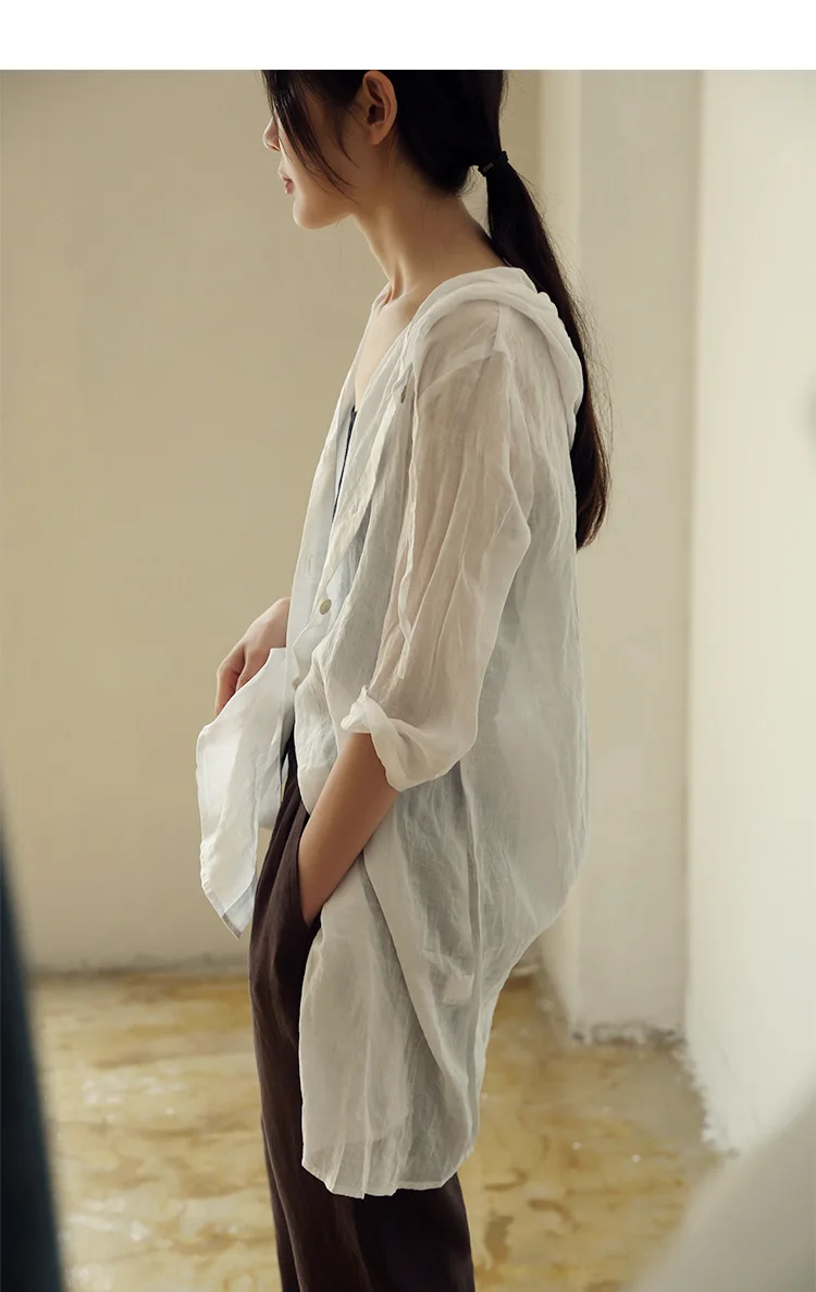 

Easy Even Hat Long Cardigan Pure Ramie Loose Coat Air Conditioner Unlined Upper Garment 190728