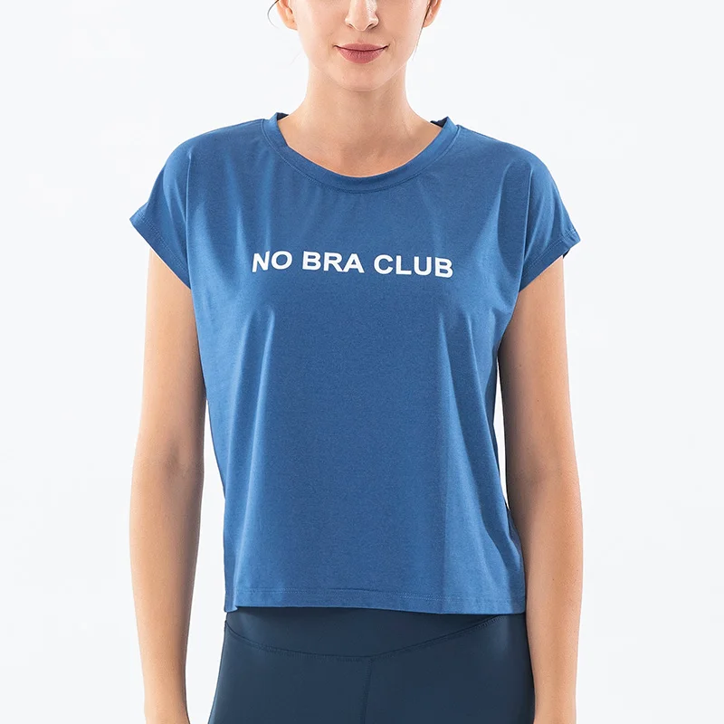 Women Gym Yoga Top Running Breathable Short Sleeve T-Shirts Solid Color Loose Fit Elastic Sexy Letter Printing Sport Shirts