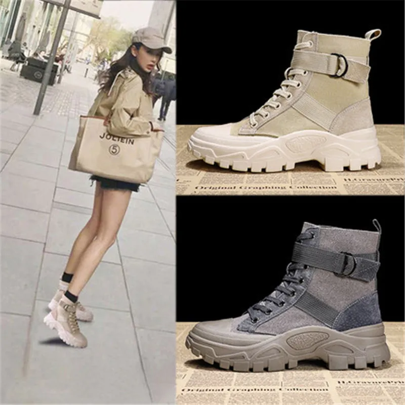 

New Spring Autumn Canvas Buckle Women Ankle Boots Punk Style Platform Lace-Up Booties Breathable Non-slip Flat Work Shoes M2-79