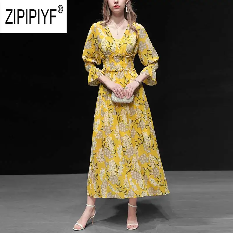 Yellow Осенние модные женские платья с оборками и длинным рукавом с высокой талией, бальное платье с v-образным вырезом, шифоновые платья богемные Длинные платья Z2249 - Цвет: Yellow