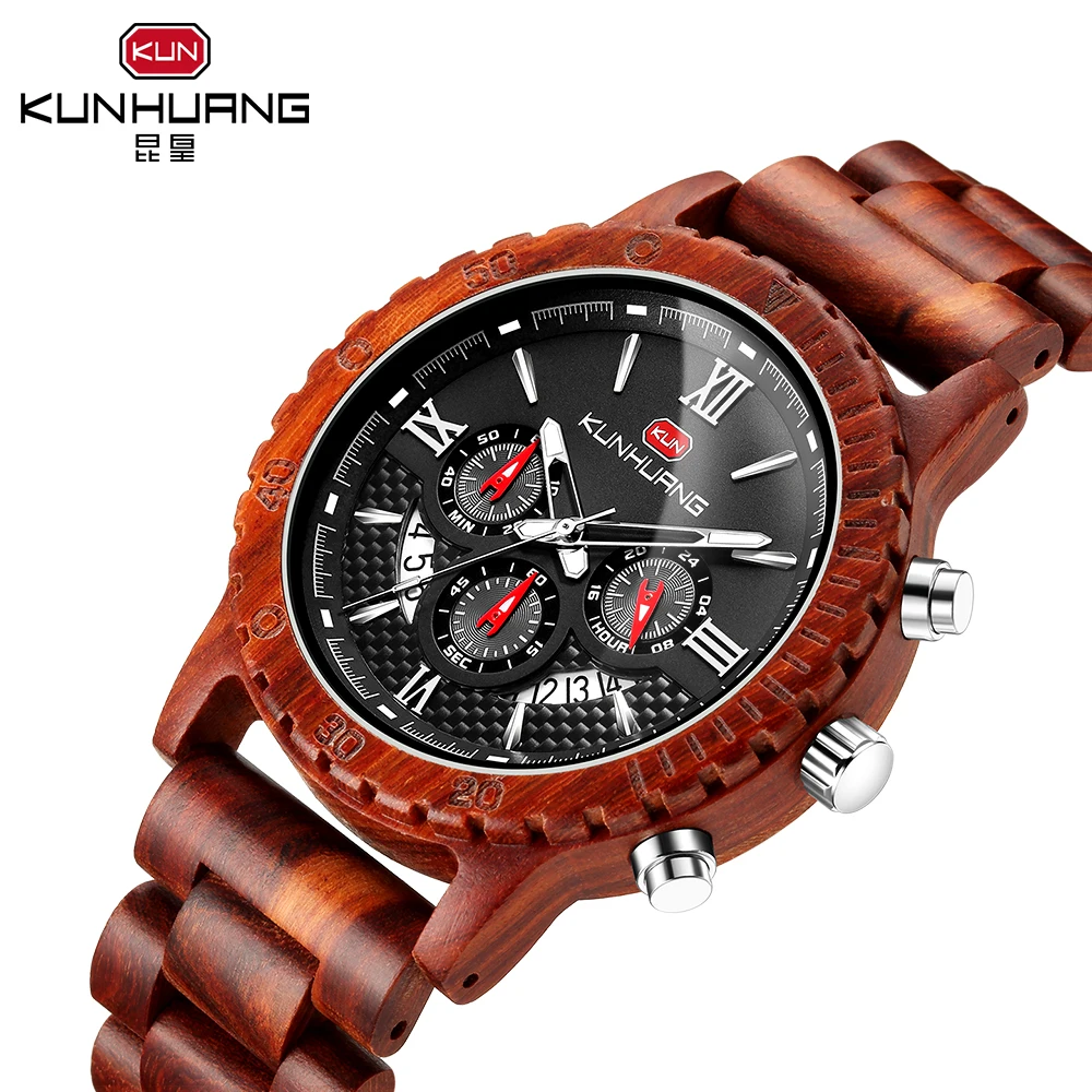 

Wooden Men Watches KUNHUANG Brand Luxury Quartz Wristwatch Montre Homme Auto Date Stop Watch Male Clock Relogio Masculino KH1014