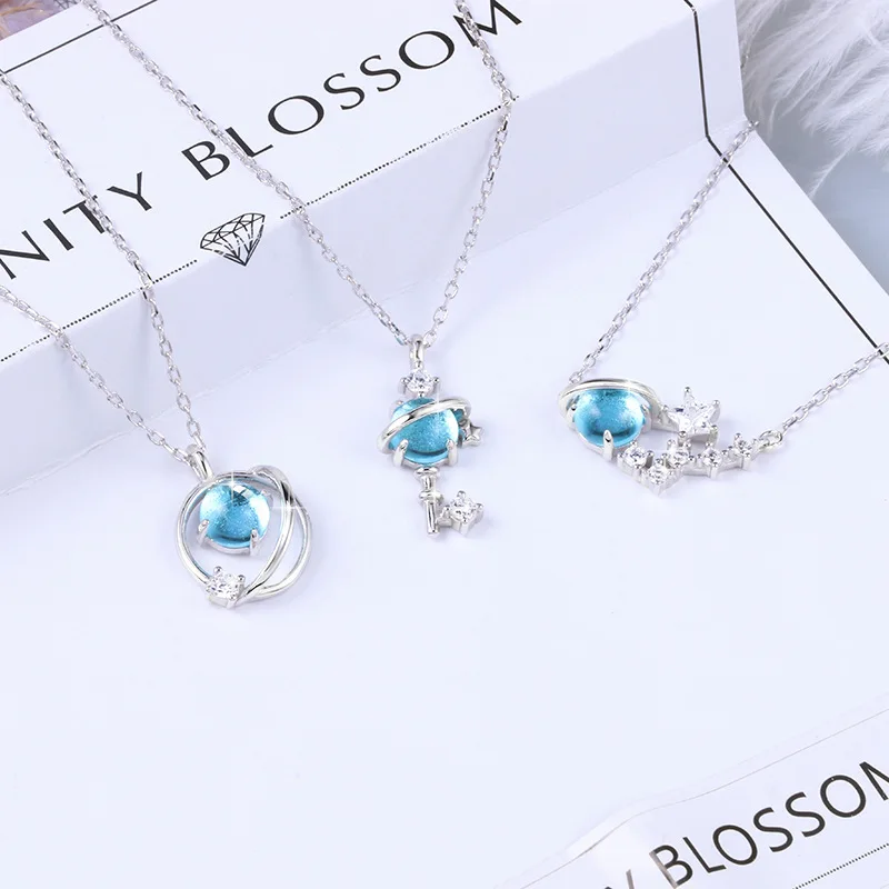

S925 Sterling Silver Necklace Women's Japanese-style-Style Light Blue Planet Pendant Universe Dream Starry Sky Key Short Choker