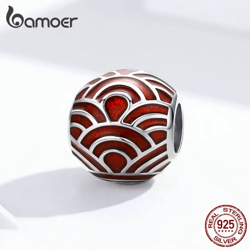 Bamoer, 925 пробы, серебристо-красный волнистый узор, круглые бусины для женщин, ювелирные изделия, эмаль, шарм, подходит к оригиналу 925, браслет BSC133