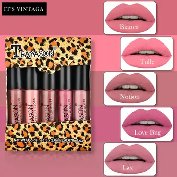 

TEAYASON 5Pcs/Set Velvet Matte Lipstick Set Lip Gloss make up Lip Glaze Set Pumpkin Color sexy Non-fading Lipstick makeup TSLM2