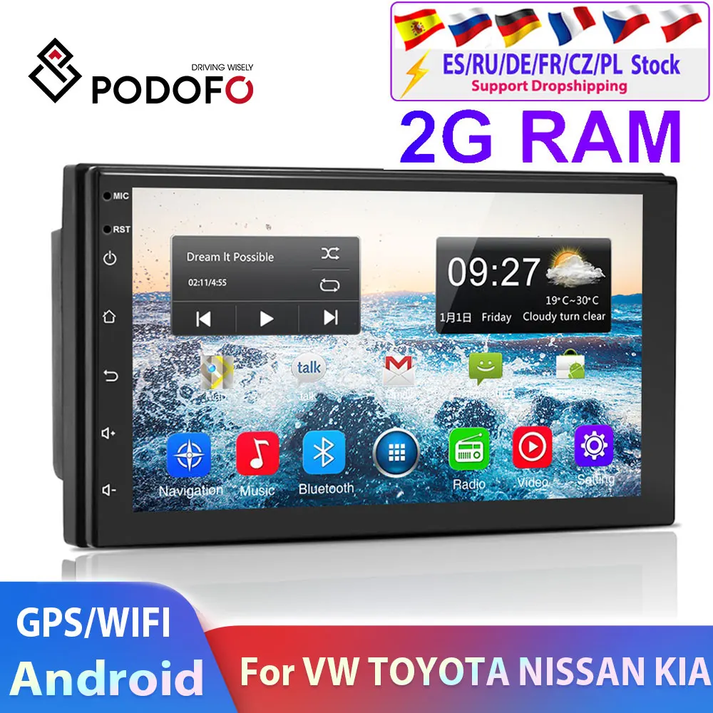 Podofo 2 din Android 9 1 автомобильные радиоприемники GPS мультимедийный плеер универсальный авто стерео для Volkswagen Nissan