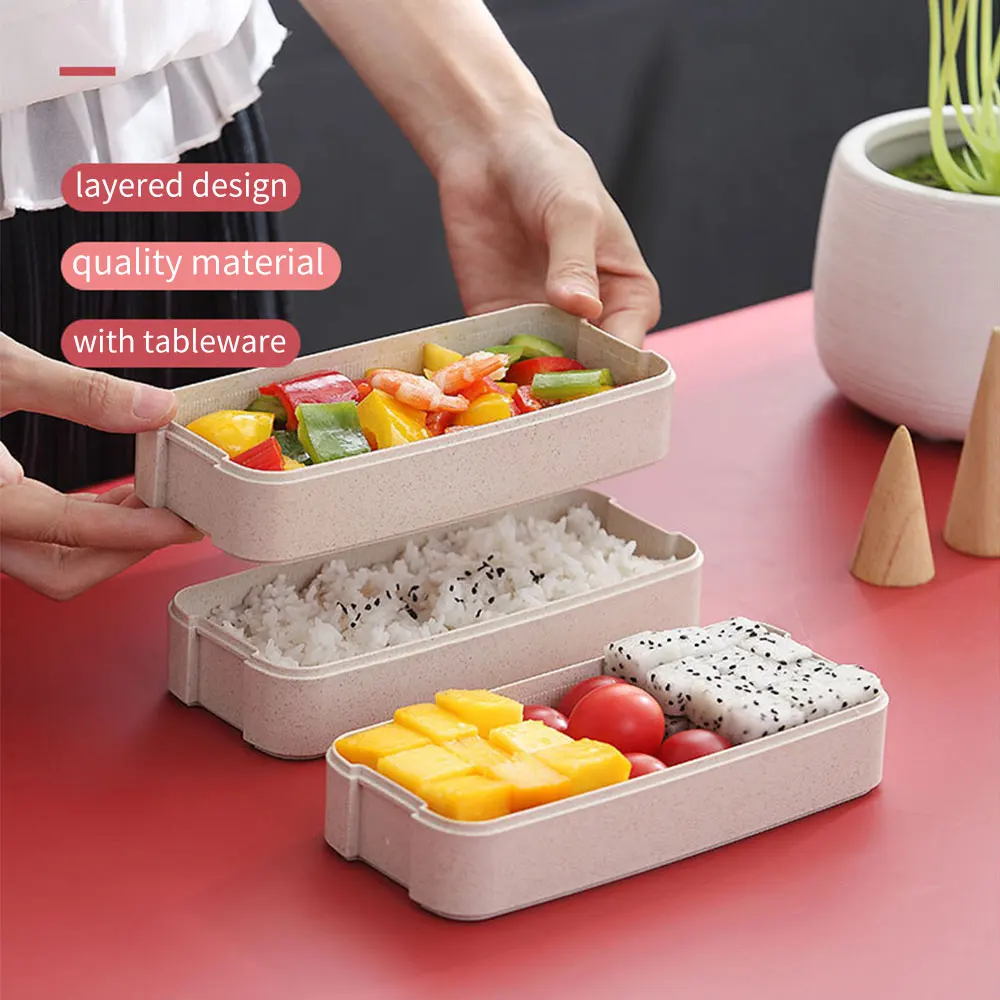 High Quality 3Layer Portable Wheat Straw Lunch Box Food Storage Case Container Dinnerware Microwave Bento Box For Child Student