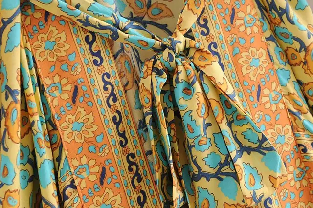 Vintage chic Women  yellow Floral Print Sashes  bohemian Kimono Ladies V Neck batwing Sleeves  Boho Maxi dress robe 4