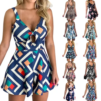 

Women's Summer Print Jumpsuit Shorts Casual Loose Short Sleeve V-neck Beach Rompers Sleeveless Bodycon Sexy Party Playsuit