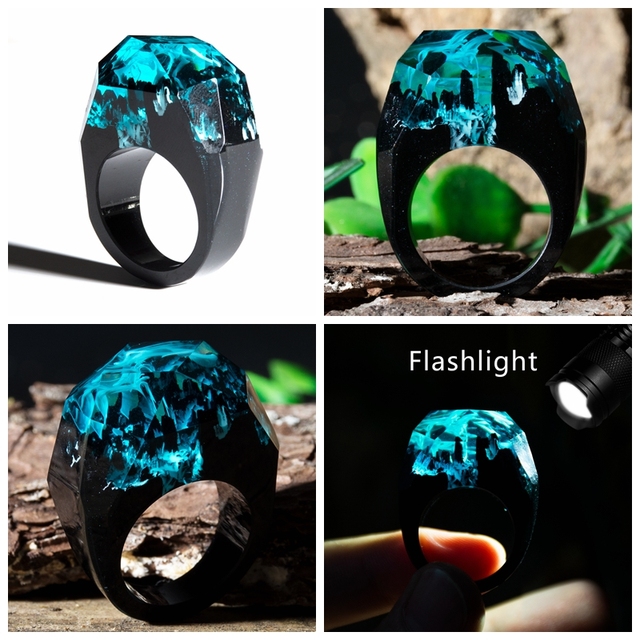 Fashion Wood Resin Ring Female Forest Handmade Rainbow Star Secret Sky Micro Landscape Wooden Ring High Quality Jewelry