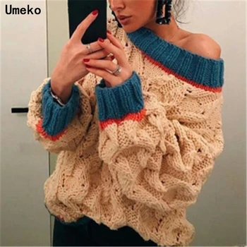 

Umeko Elegant Contrast Color One Shoulder Halter Knit Sweater Women Jumper Autumn Winter Pullover Long Sleeve Female Knitwear