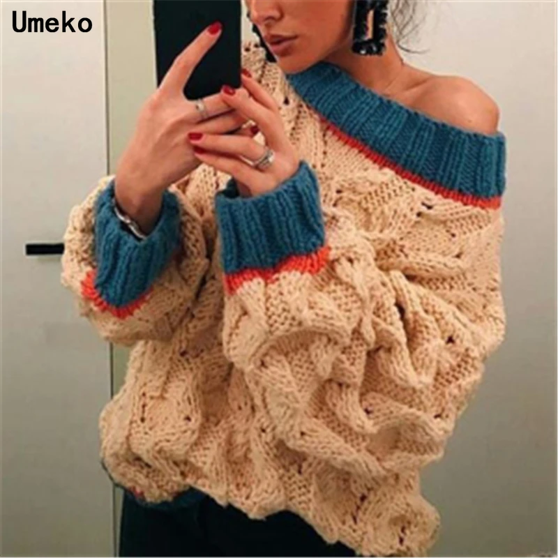 Женский трикотажный джемпер Umeko элегантный контрастный свитер с одним плечом и