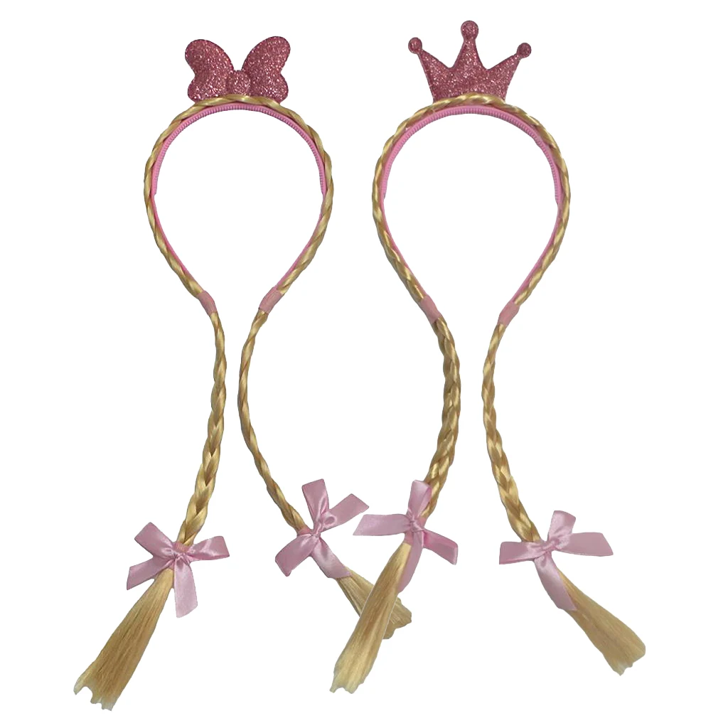 Kids Girls Princess Crown Bow Double Wig Hair Braided Hair Band Bow Headband