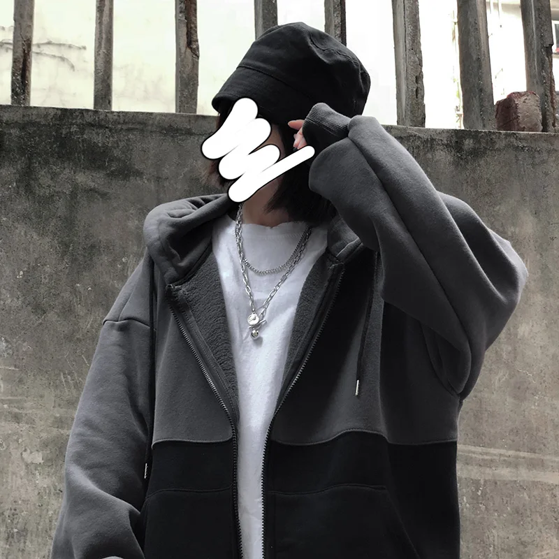 Женская Осенняя мода, корейский стиль, Harajuku, длинный рукав, Ретро стиль, контрастный цвет, флисовая подкладка, негабаритная молния, Повседневная Женская куртка