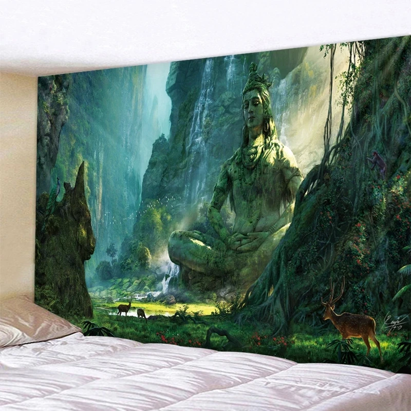 Indian Buddha Statue Valley Tapestry Wall Hanging Psychedelic Yoga Wall Hanging Mandala