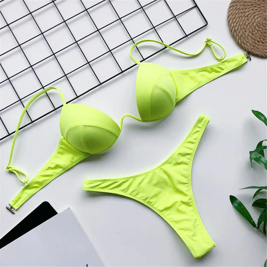 Neon Yellow Сексуальный треугольный бюстгальтер на косточках, чашечки бикини, женский купальник, женский купальник, комплект бикини из двух предметов, v-образный вырез, купальный костюм V1732 - Цвет: Neon Yellow