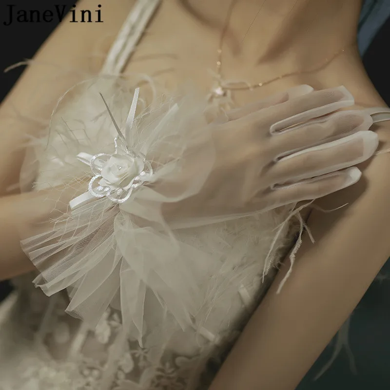 JaneVini White Tulle Party Gloves Handmade Flowers Pearl Short Bridal Wedding Gloves for Bride Wrist Length Gants En Dentelle