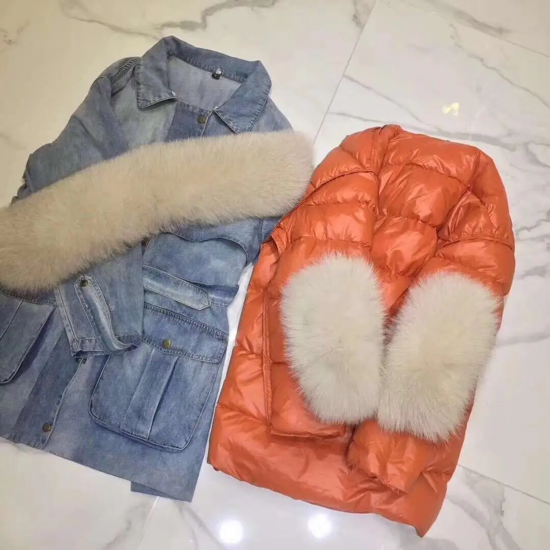 New Style Hot Selling Korean-style Jeans Coat Inner Wearing Removable Shoulder Fox Fur Collar down Jacket Women's Mid-lengt