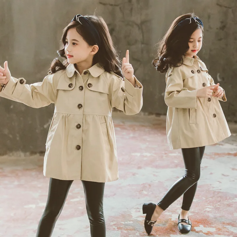 

2019 Spring And Autumn Childrenswear Girls Korean-style Mid-length Single Breasted Solid Color Trench Coat Middle And Large Chil