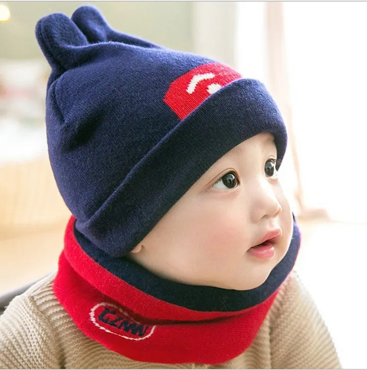 0-12 months Child baby WAutumn And Winter Knit hat infant Skull cap Warm ear protectors lovely Beanie Two-piece hat scarf Z135