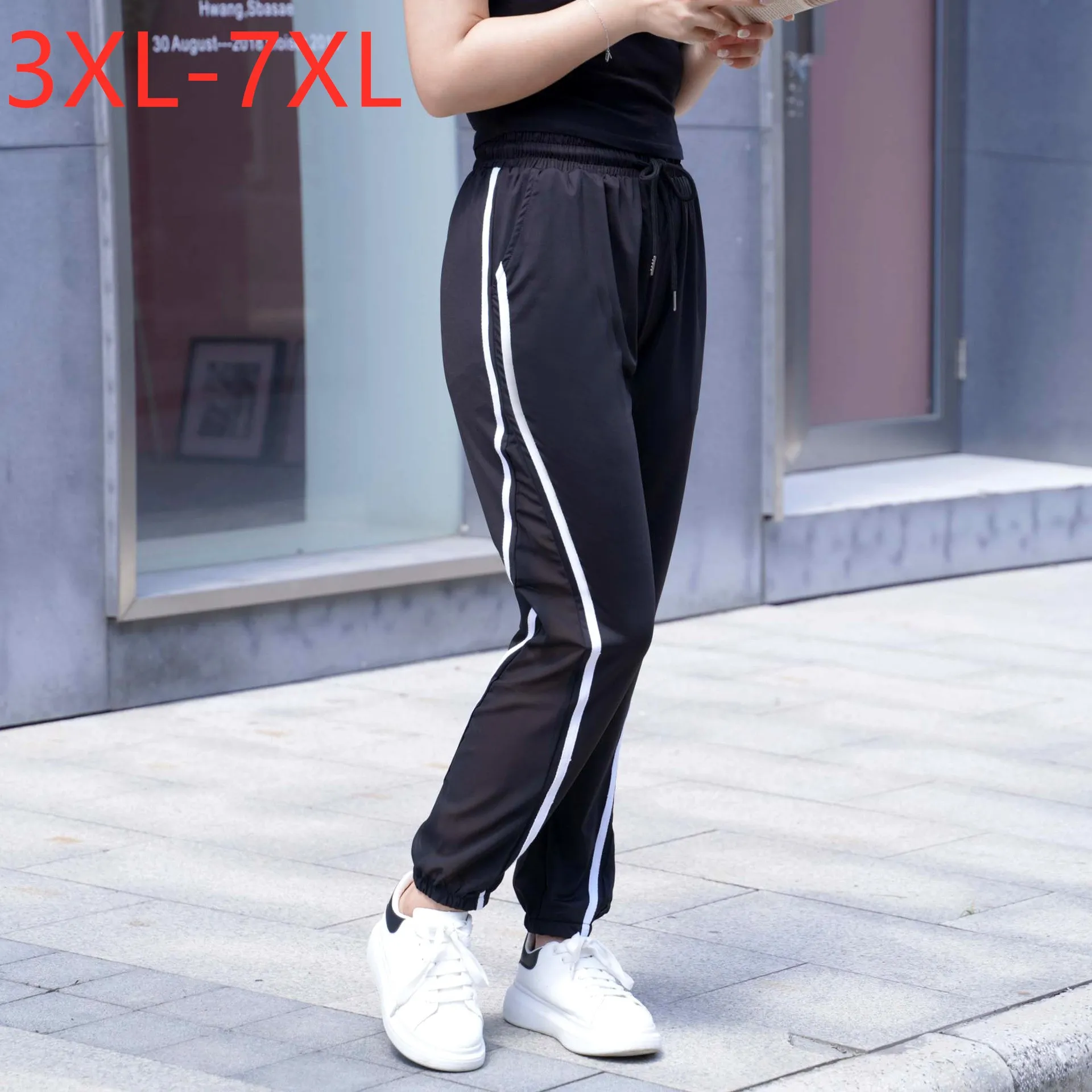 

Брюки женские демисезонные в полоску, с ремнем, размеры 3XL, 4XL, 5XL, 6XL, 7XL