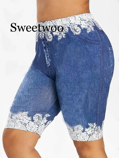 Women Pants Shorts Leggings Summer Fake Denim Ladies Short Pants Summer Floral Printed High Waist Female Shorts D30