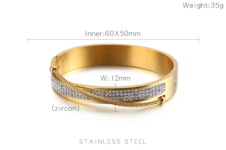 Модный Золотой кабель провод браслет Joyeria Acero Inoxidable Mujer кубический циркон внутренний размер 60 мм бразильские ювелирные аксессуары