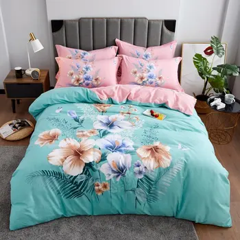 

Romantic Floral Sanding Cotton 4Pcs Duvet Set Pastoral Comforter Quilt Cover With 2pcs Pillowcases Sky Blue GX-35