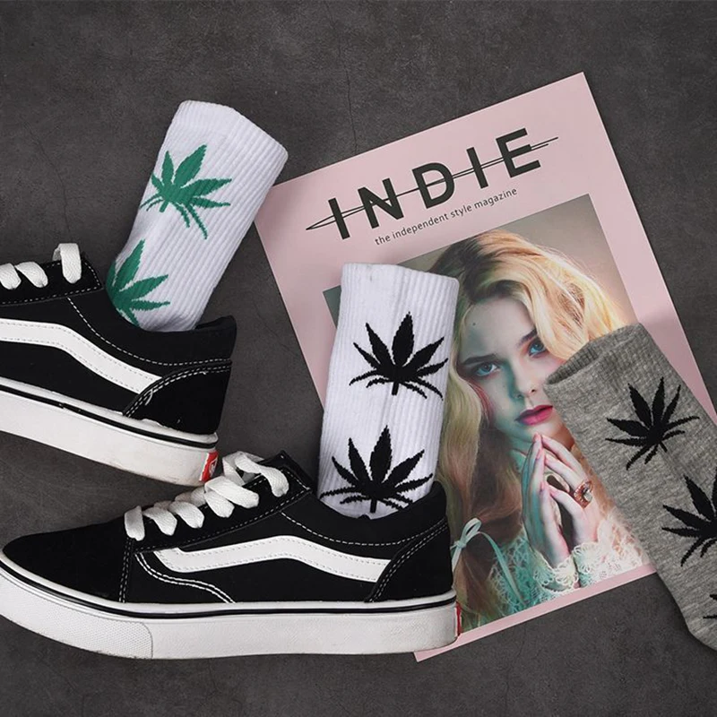 CXZD cool bamboo summer women's funny socks marijuana long maple leaf maple leaf cotton weed grass white black socks