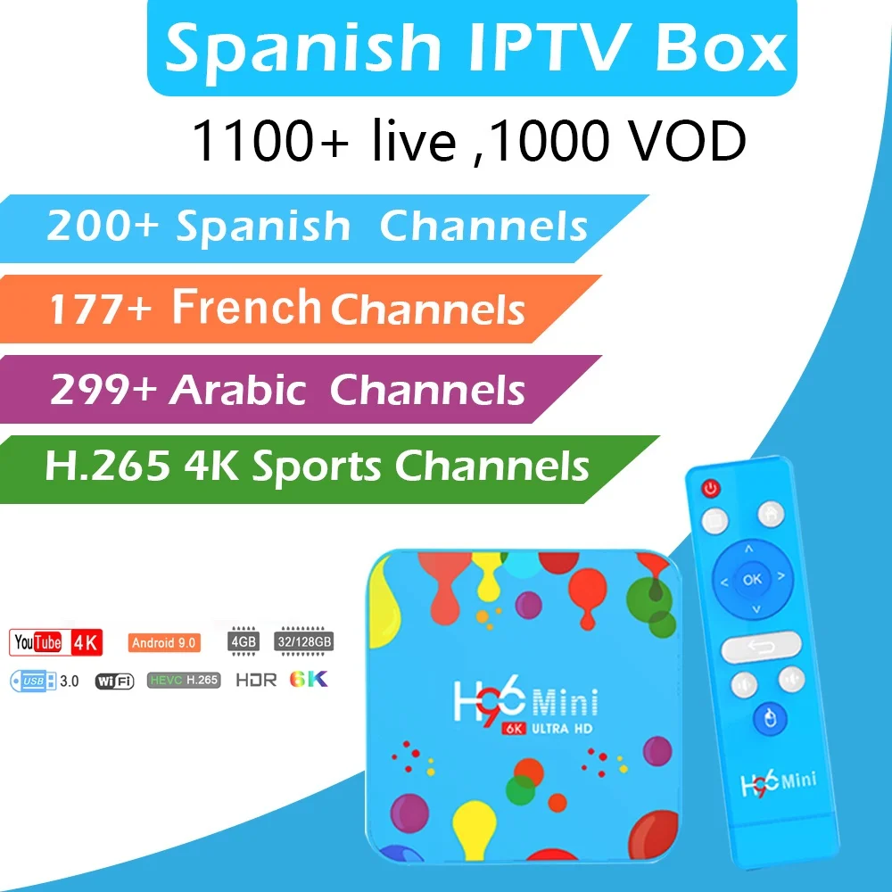 

6K HD Android 9.0 Spanish IPTV TV Box+Procaja IPTV Box H.265 1100 Live French Spanish Arabic Allwinner H96 MINI H6 Set Top Box