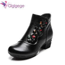 Glglgege/Новинка года; ботильоны из коровьей кожи; женская обувь; зимние ботинки из натуральной кожи; удобные теплые ботинки на низком каблуке с цветочным узором
