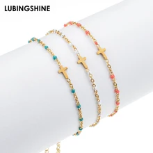 Браслет из нержавеющей стали золотого цвета с крестиком, очаровательный цветной браслет с маленькими бусинами для женщин и девушек, модные вечерние ювелирные изделия, подарок