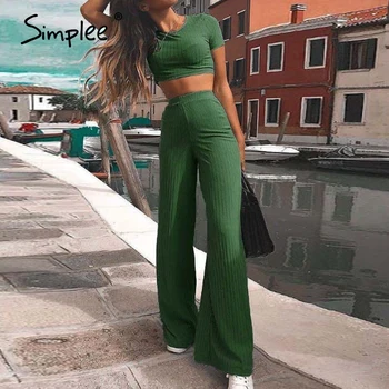 

Simplee knitted Short sleeve o-neck crop top wide leg pants Casual 2 piece set female women tops pants sets women suits jumpsuit