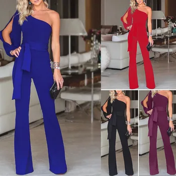 

Women Jumpsuit Elegant Overalls Sexy Plus Size Jumpsuits Coveralls For 2020 New Popular Long Sleeve Lace Up Pants Polyester