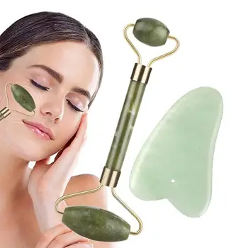 

Green Roller and Gua Sha Tools Set by Natural Jade Scraper For Face with Massager Neck Back and Jawline Stones W3S8