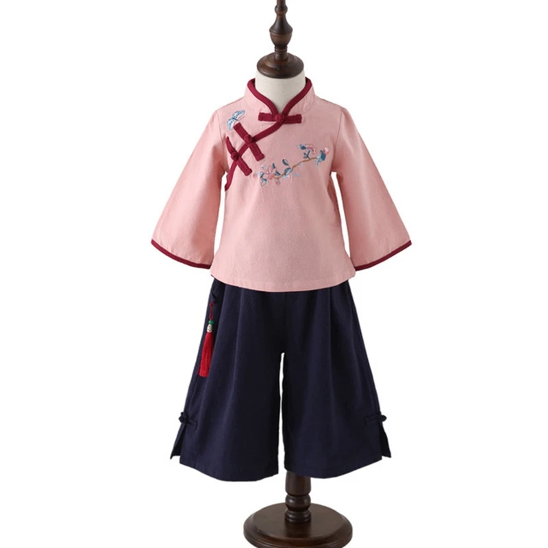 Вышитая одежда для девочек, национальная детская одежда, костюм ханьфу для девочек, китайский костюм Чонсам в стиле Тан, весенне-осеннее платье для девочек