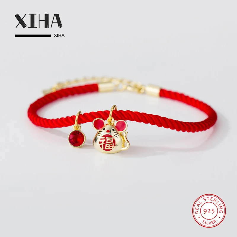 

Adjustable Lucky Thread Red String Bracelet with Beads and Charms Gold 925 Sterling Silver Mouse Zodiac Bracelet for Women Girls