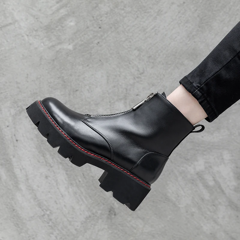 Женские ботинки; ботинки из натуральной кожи; черные ботинки Martens; женские ботильоны; мотоботы; зимняя обувь на платформе и толстом каблуке